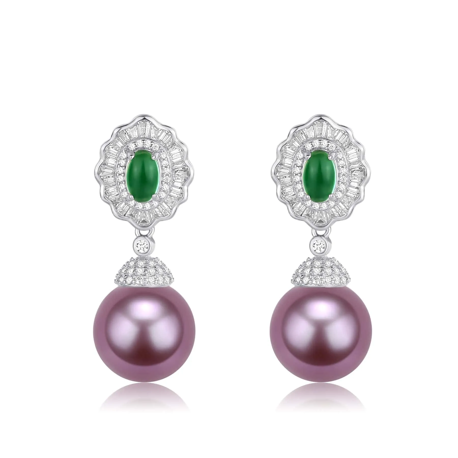 11-12mm Pearl CZ Green Gems Earrings