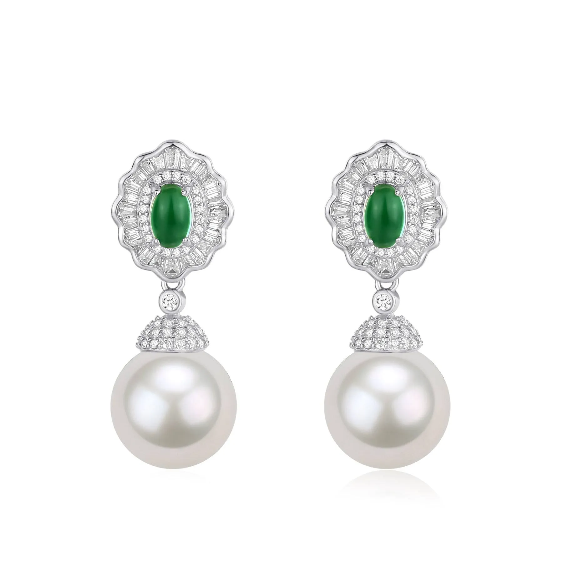 11-12mm Pearl CZ Green Gems Earrings