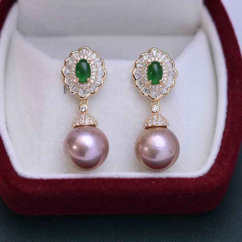 11-12mm Pearl CZ Green Gems Earrings