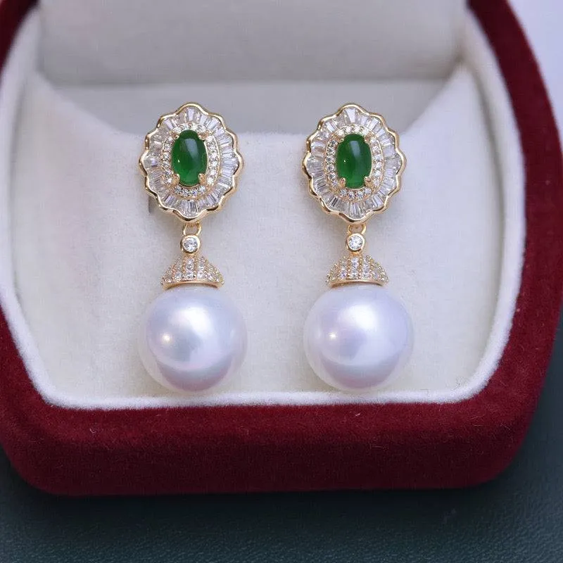 11-12mm Pearl CZ Green Gems Earrings