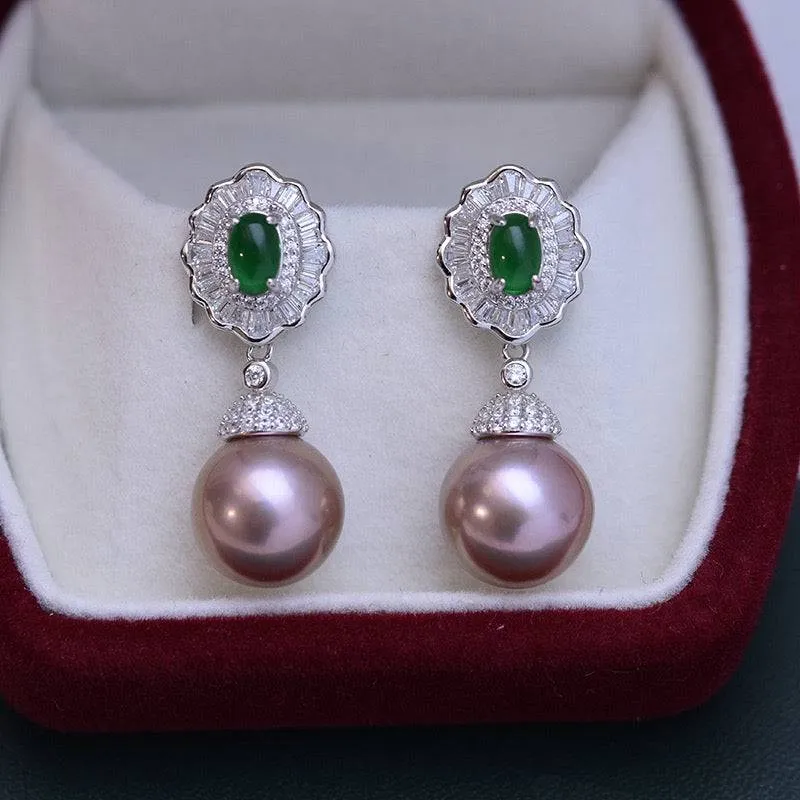 11-12mm Pearl CZ Green Gems Earrings
