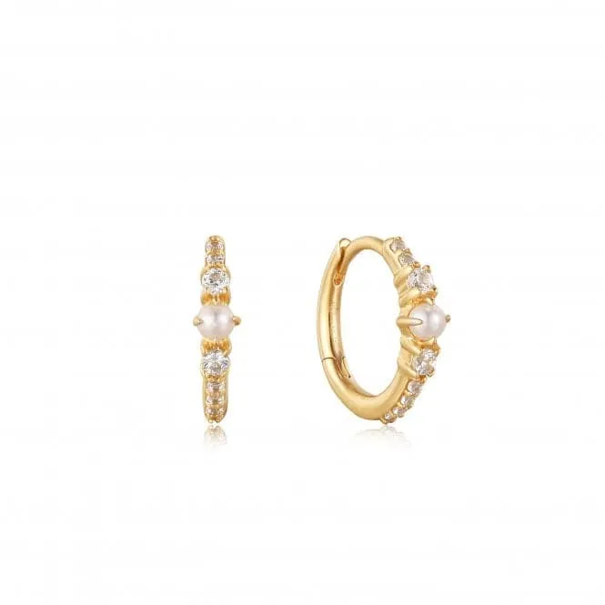 14ct Gold Pearl And White Sapphire Huggie Hoop Earrings EAU003-01YG