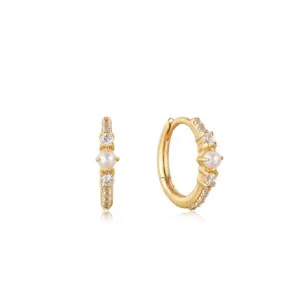 14ct Gold Pearl And White Sapphire Huggie Hoop Earrings EAU003-01YG