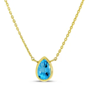 14K Yellow Gold 6x4mm Pear Shaped Blue Topaz Birthstone Necklace