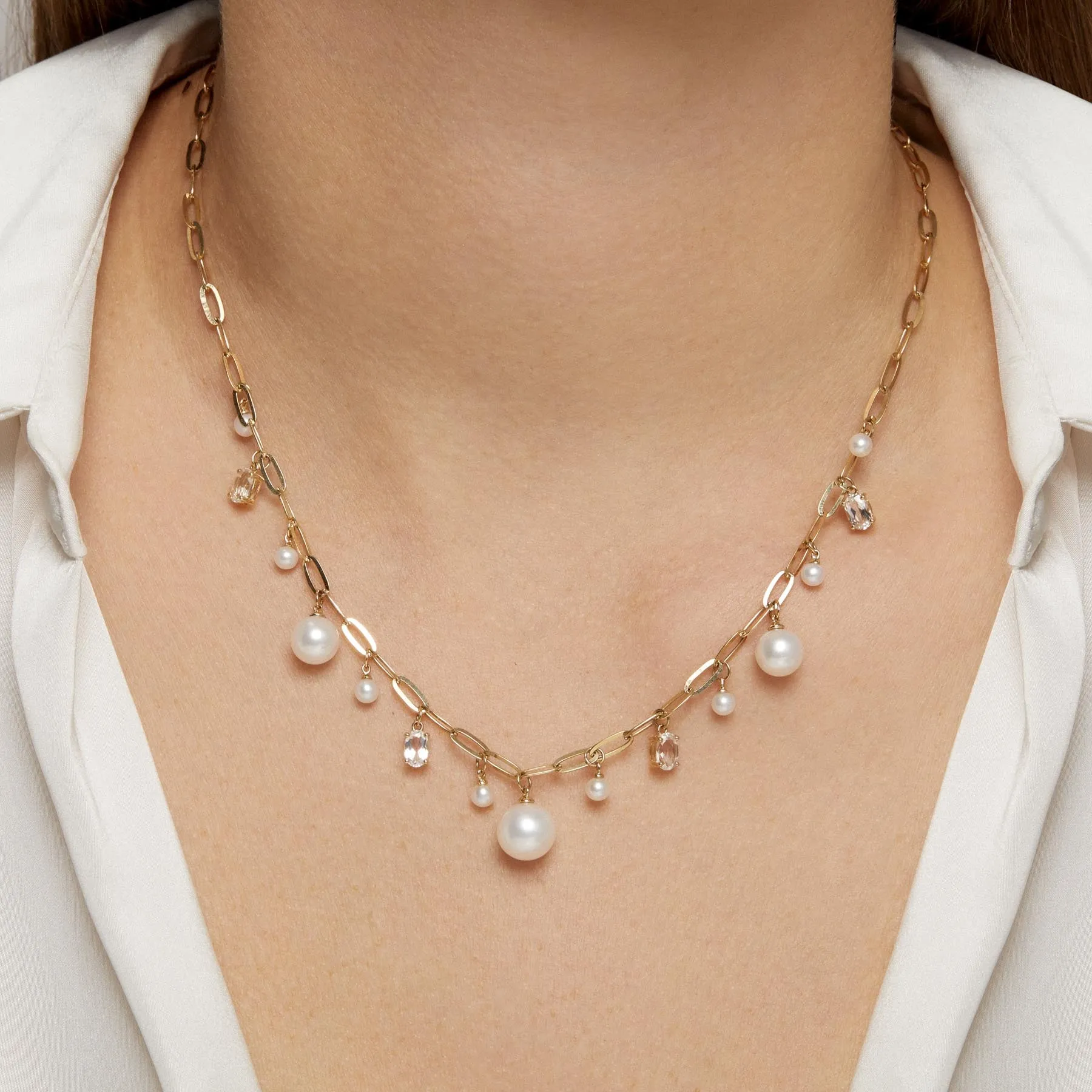 14KT Yellow Gold Pearl Topaz Briolette Chain Link Necklace