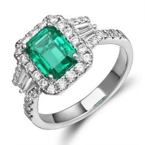 18K White Gold Emerald Cut Emerald Ring with Halo and Tapered Baguettes and Round Diamonds