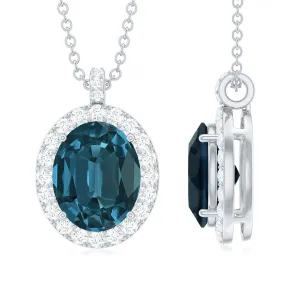 3 CT Oval Cut London Blue Topaz and Diamond Halo Pendant