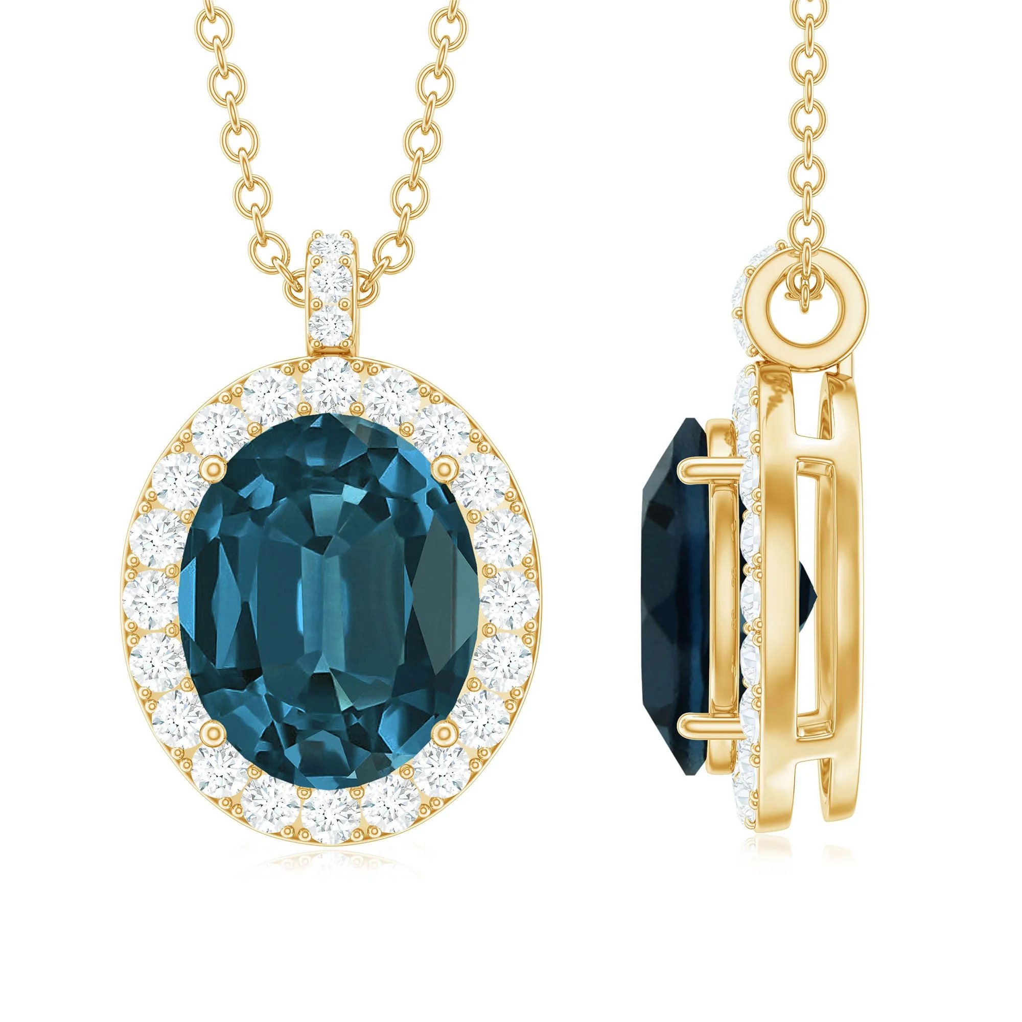 3 CT Oval Cut London Blue Topaz and Diamond Halo Pendant