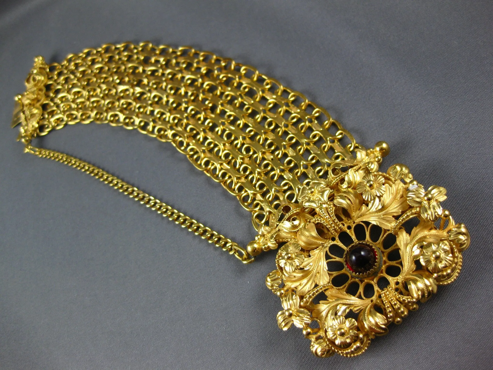 ANTIQUE EXTRA LARGE 3CT AAA GARNET 18K YELLOW GOLD OPEN FILIGREE BRACELET #27091