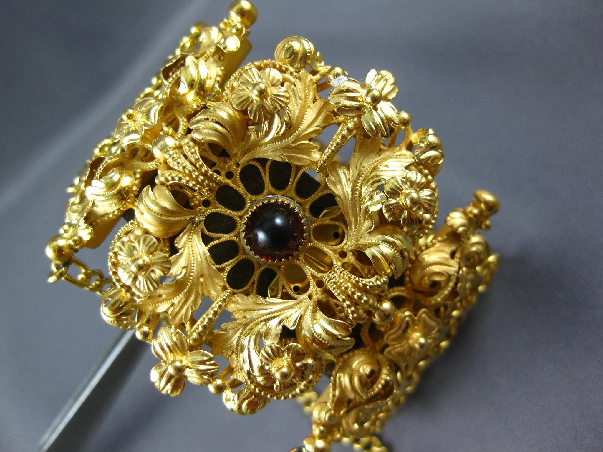 ANTIQUE EXTRA LARGE 3CT AAA GARNET 18K YELLOW GOLD OPEN FILIGREE BRACELET #27091