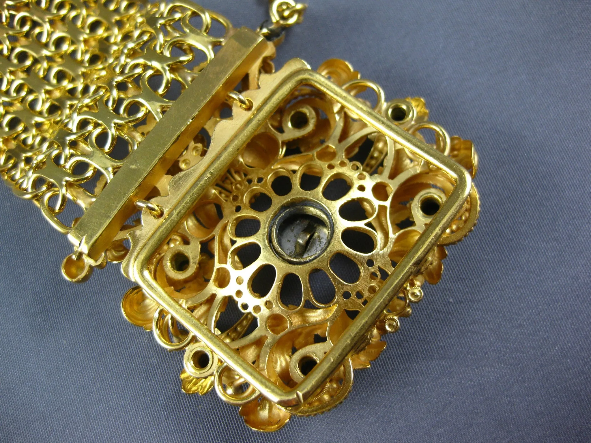 ANTIQUE EXTRA LARGE 3CT AAA GARNET 18K YELLOW GOLD OPEN FILIGREE BRACELET #27091