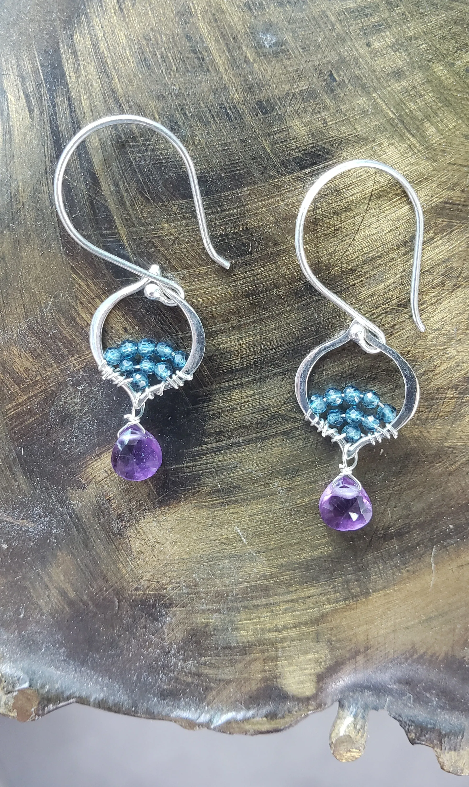 AVF Silver Petite Moroccan Style Beaded Blue Quartz & Amethyst Drop Earrings (SI3775)