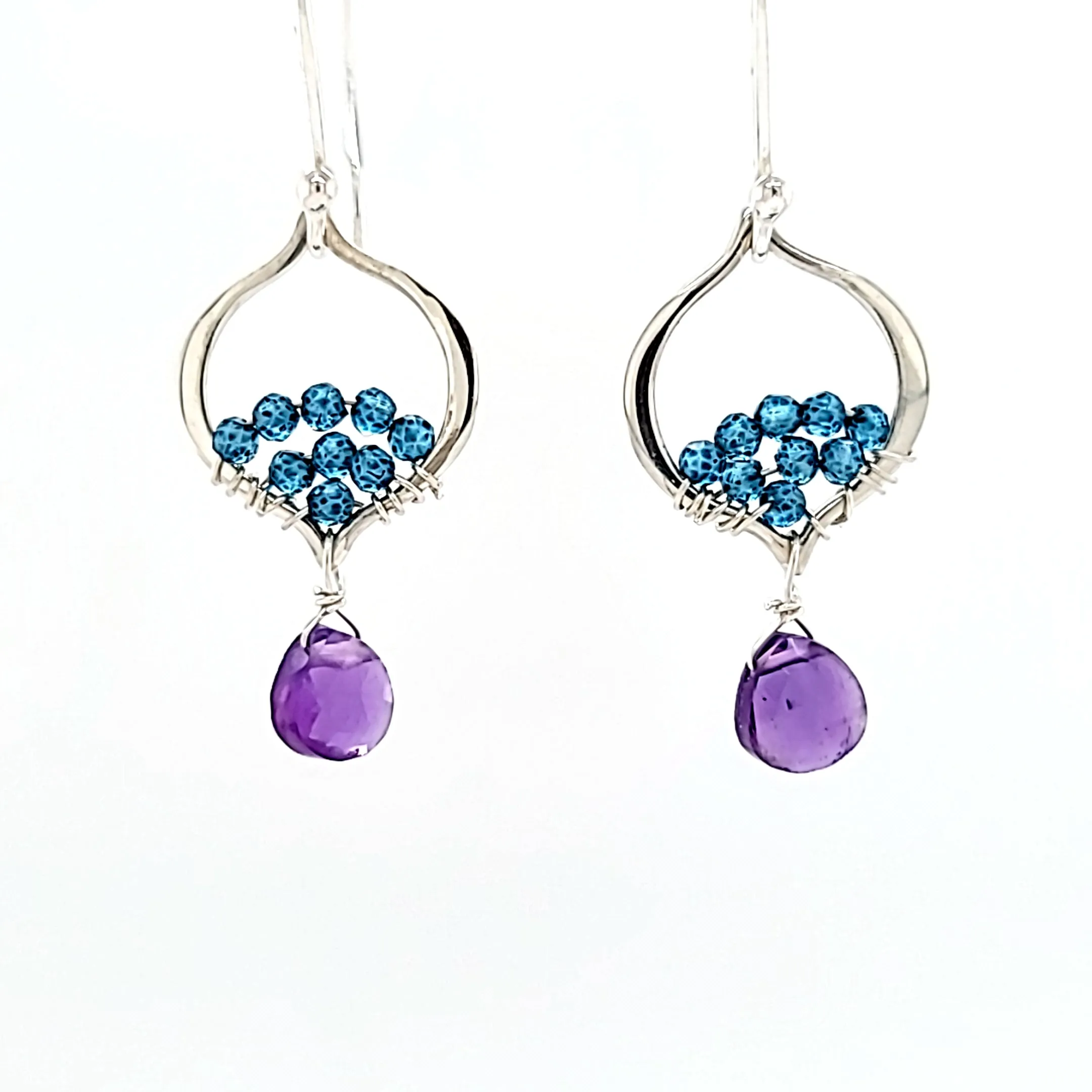 AVF Silver Petite Moroccan Style Beaded Blue Quartz & Amethyst Drop Earrings (SI3775)