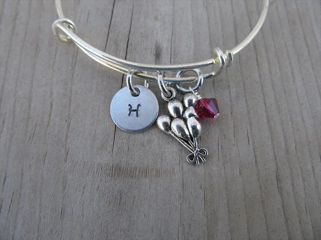 Balloon Charm Bracelet- Adjustable Bangle Bracelet with an Initial Charm and an Accent Bead of your choice