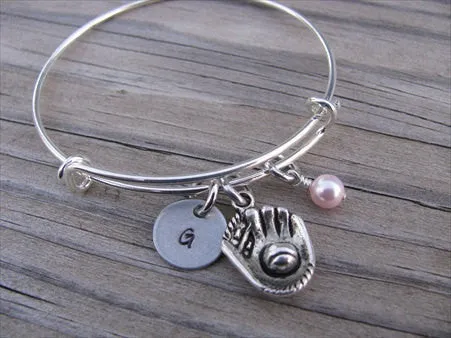Baseball Glove Charm Bracelet -Adjustable Bangle Bracelet with an Initial Charm and an Accent Bead of your choice