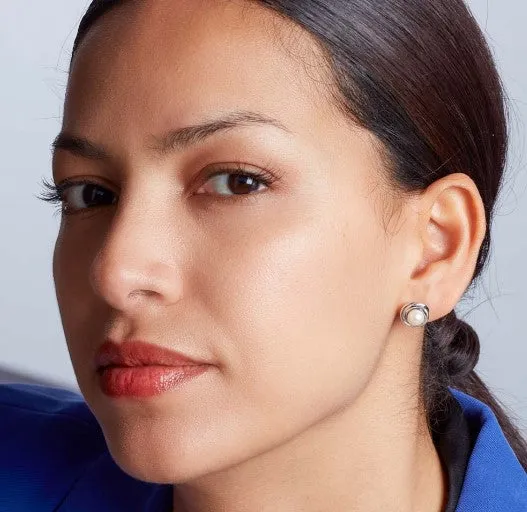Bevel Trilogy Pearl Stud Earrings