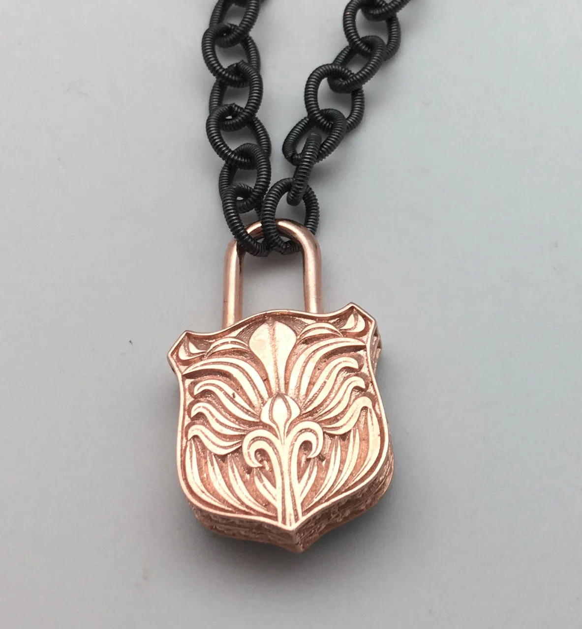 Bhakti Panda I Will Protect You Pink Gold, White Topaz & Black Sapphire Lock on Black Chain Necklace