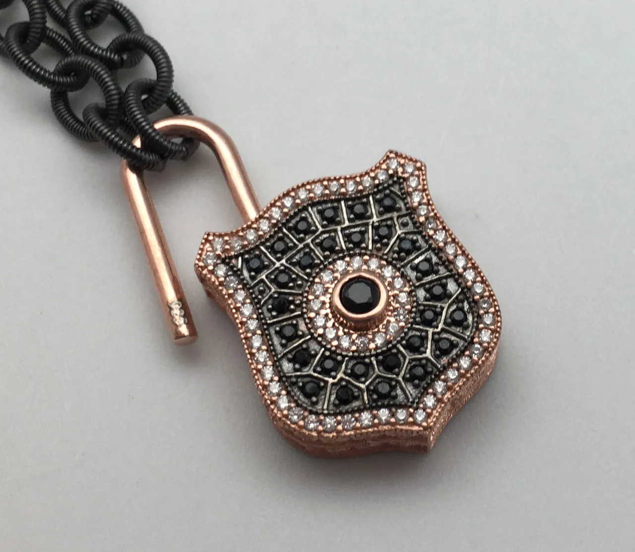Bhakti Panda I Will Protect You Pink Gold, White Topaz & Black Sapphire Lock on Black Chain Necklace