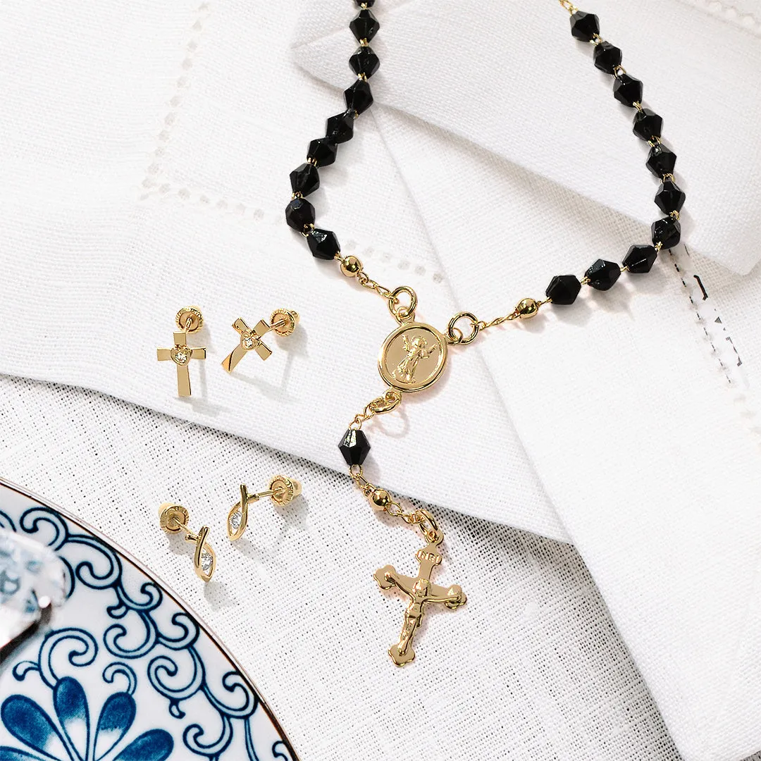 Black Crystal Virgin Mother Mary Rosary Prayer Bracelet Gold Plated