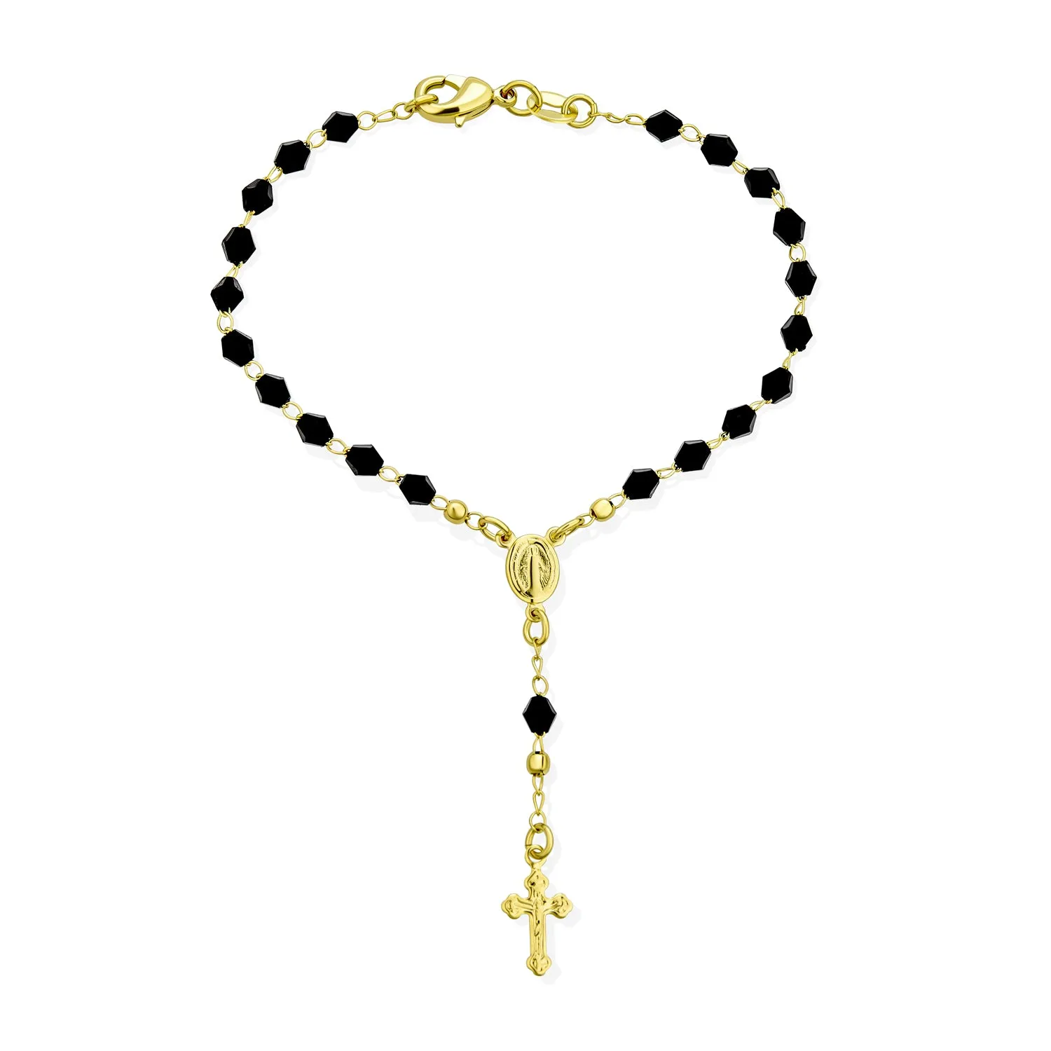 Black Crystal Virgin Mother Mary Rosary Prayer Bracelet Gold Plated