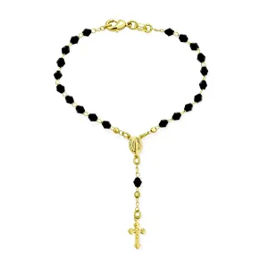 Black Crystal Virgin Mother Mary Rosary Prayer Bracelet Gold Plated