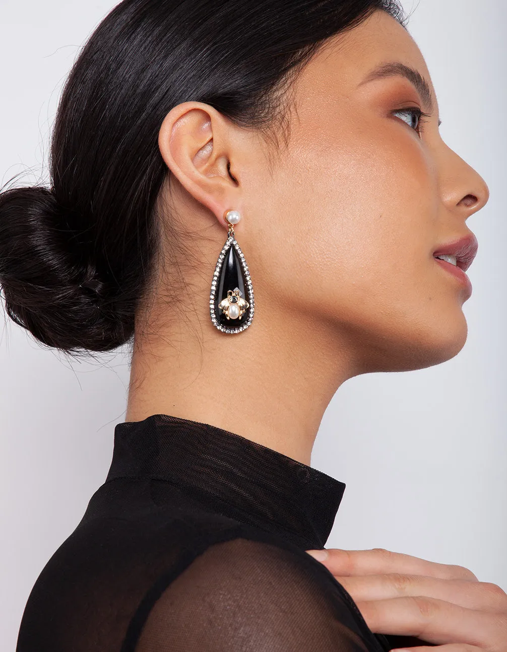 Black Droplet Diamante Pearl Bee Drop Earrings