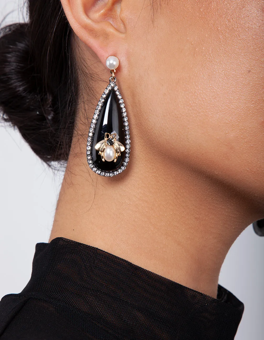 Black Droplet Diamante Pearl Bee Drop Earrings