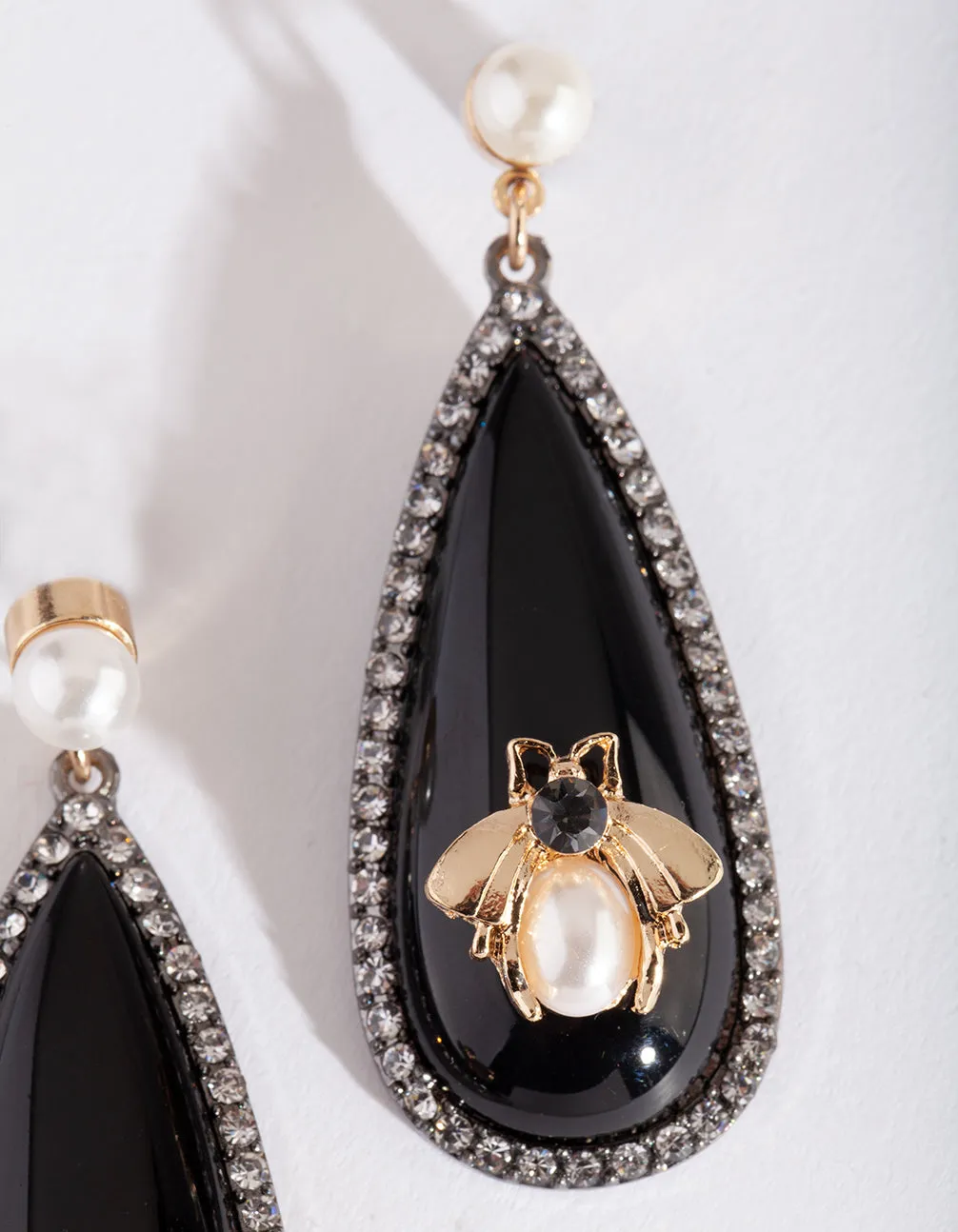 Black Droplet Diamante Pearl Bee Drop Earrings