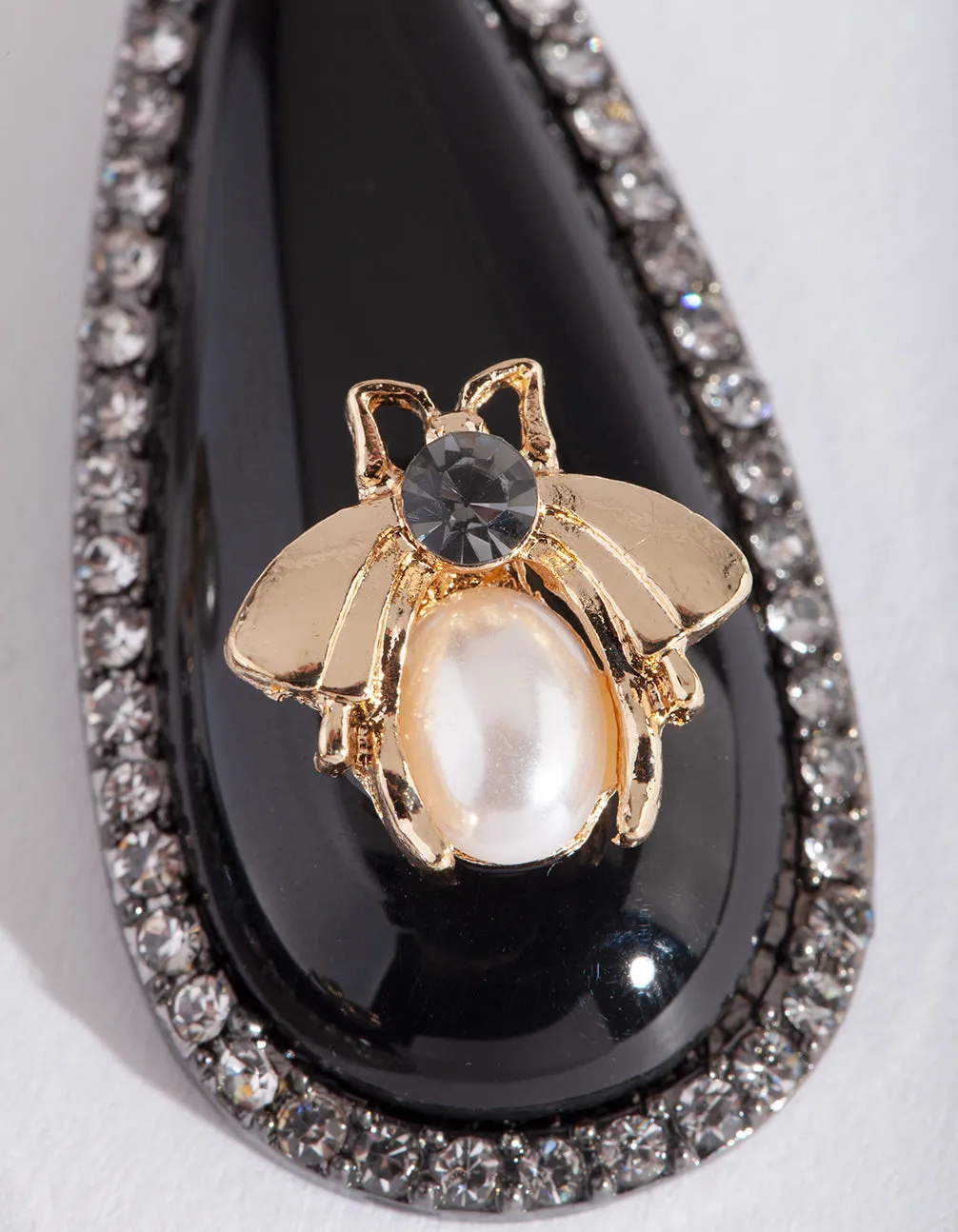 Black Droplet Diamante Pearl Bee Drop Earrings