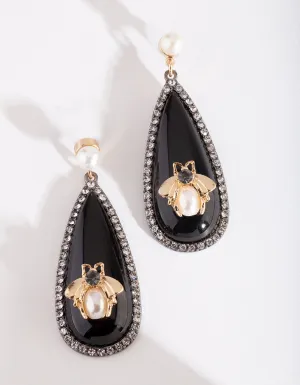 Black Droplet Diamante Pearl Bee Drop Earrings