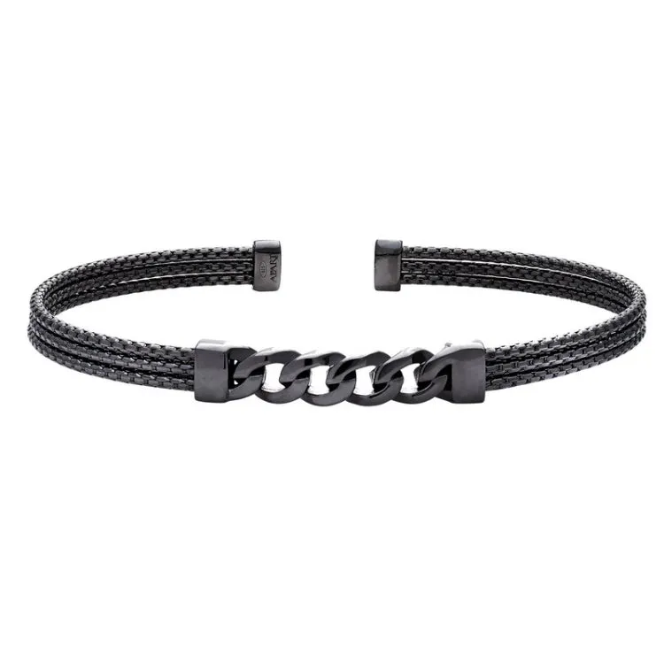 Black Rhodium Finished Sterling Silver 3 Cable Curb Link Cuff Bracelet