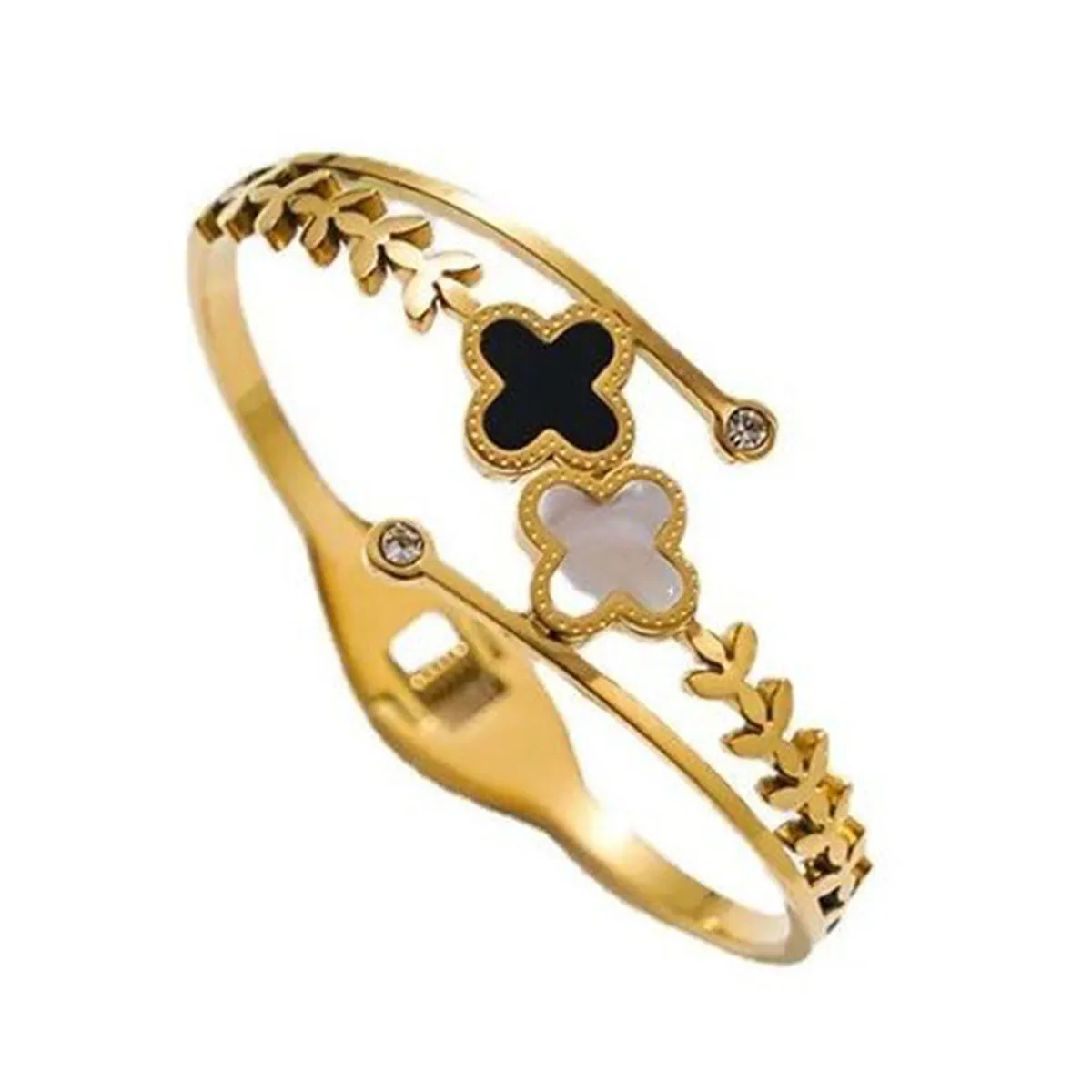 Black White Clover 18K Gold Anti Tarnish Stainless Steel Openable Kada for Women
