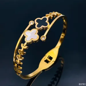 Black White Clover 18K Gold Anti Tarnish Stainless Steel Openable Kada for Women