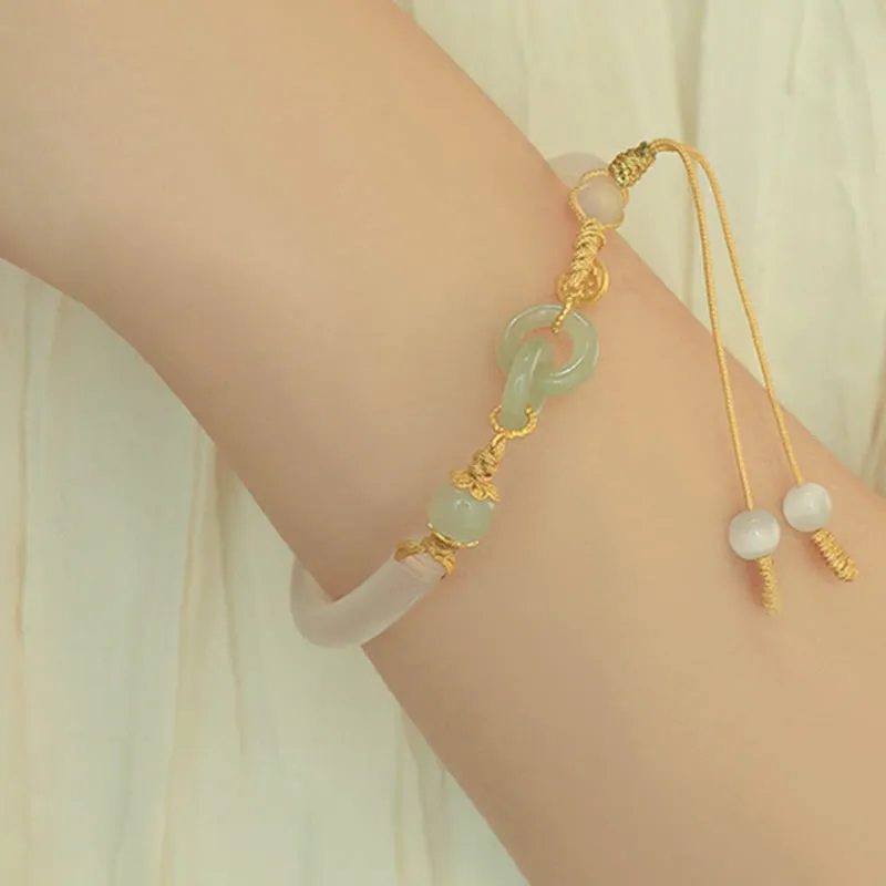 Buddha Stones 925 Sterling Silver Natural White Agate Hetian Jade Double Peace Buckle Fu Character Bracelet Bangle