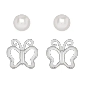 Butterfly and Freshwater Pearl Stud Set in Sterling Silver