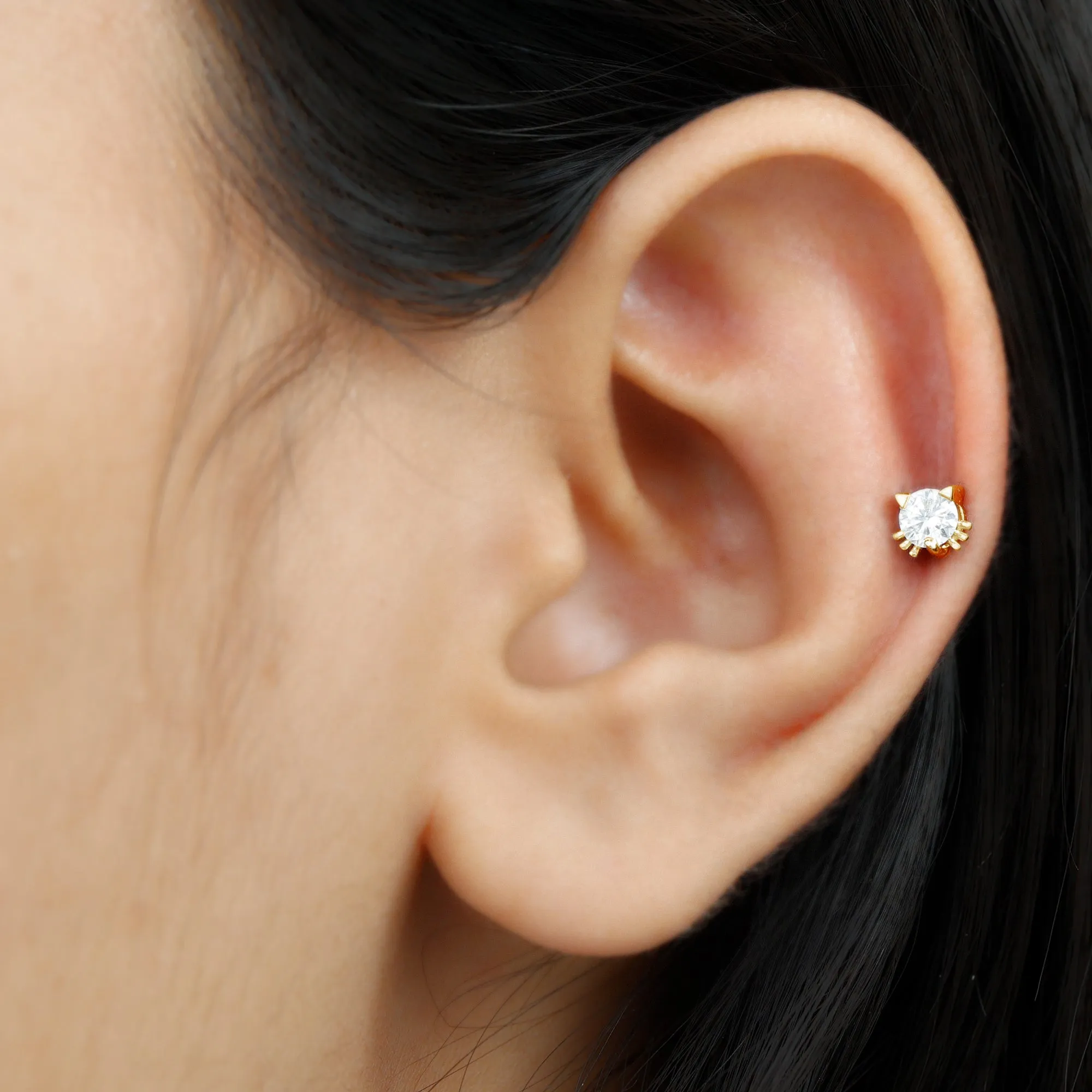 Cat Solitaire Stud Earrings with 4 MM Round Shape Moissanite in Prong Setting