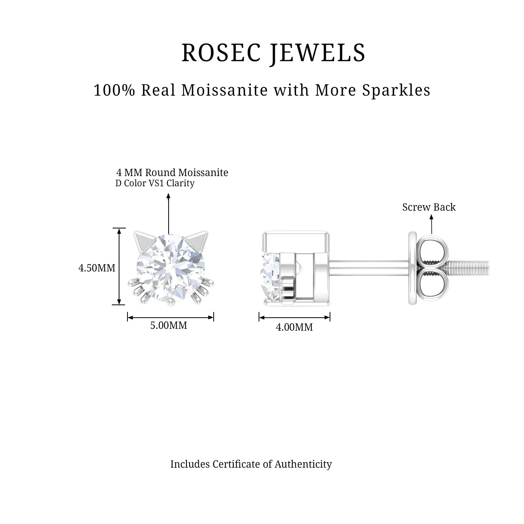 Cat Solitaire Stud Earrings with 4 MM Round Shape Moissanite in Prong Setting
