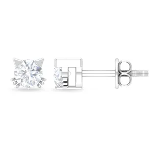 Cat Solitaire Stud Earrings with 4 MM Round Shape Moissanite in Prong Setting