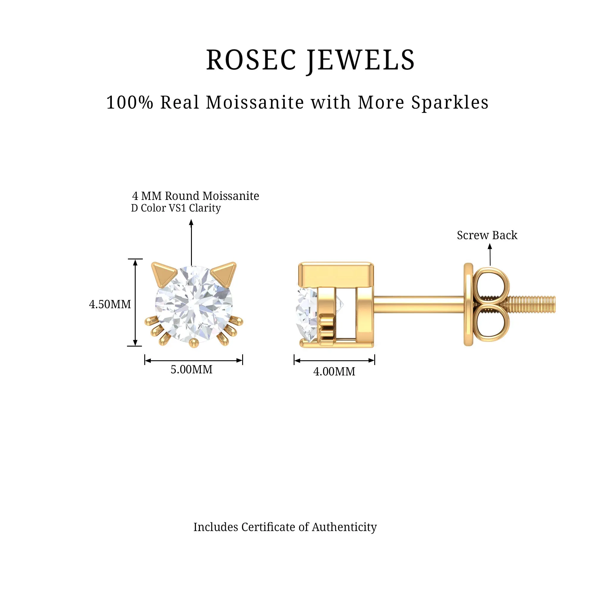 Cat Solitaire Stud Earrings with 4 MM Round Shape Moissanite in Prong Setting