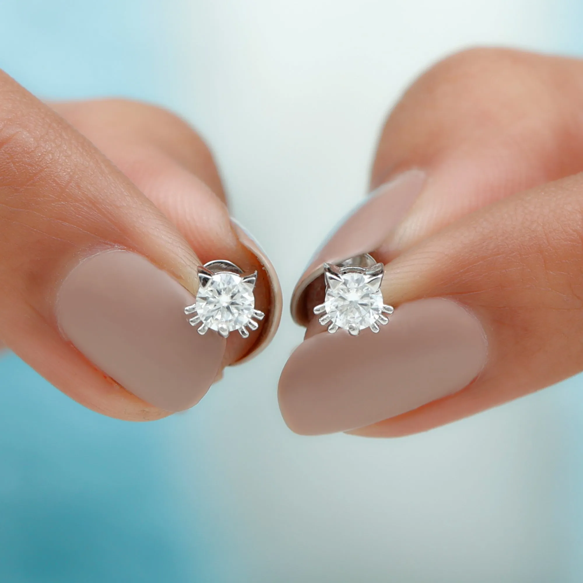 Cat Solitaire Stud Earrings with 4 MM Round Shape Moissanite in Prong Setting