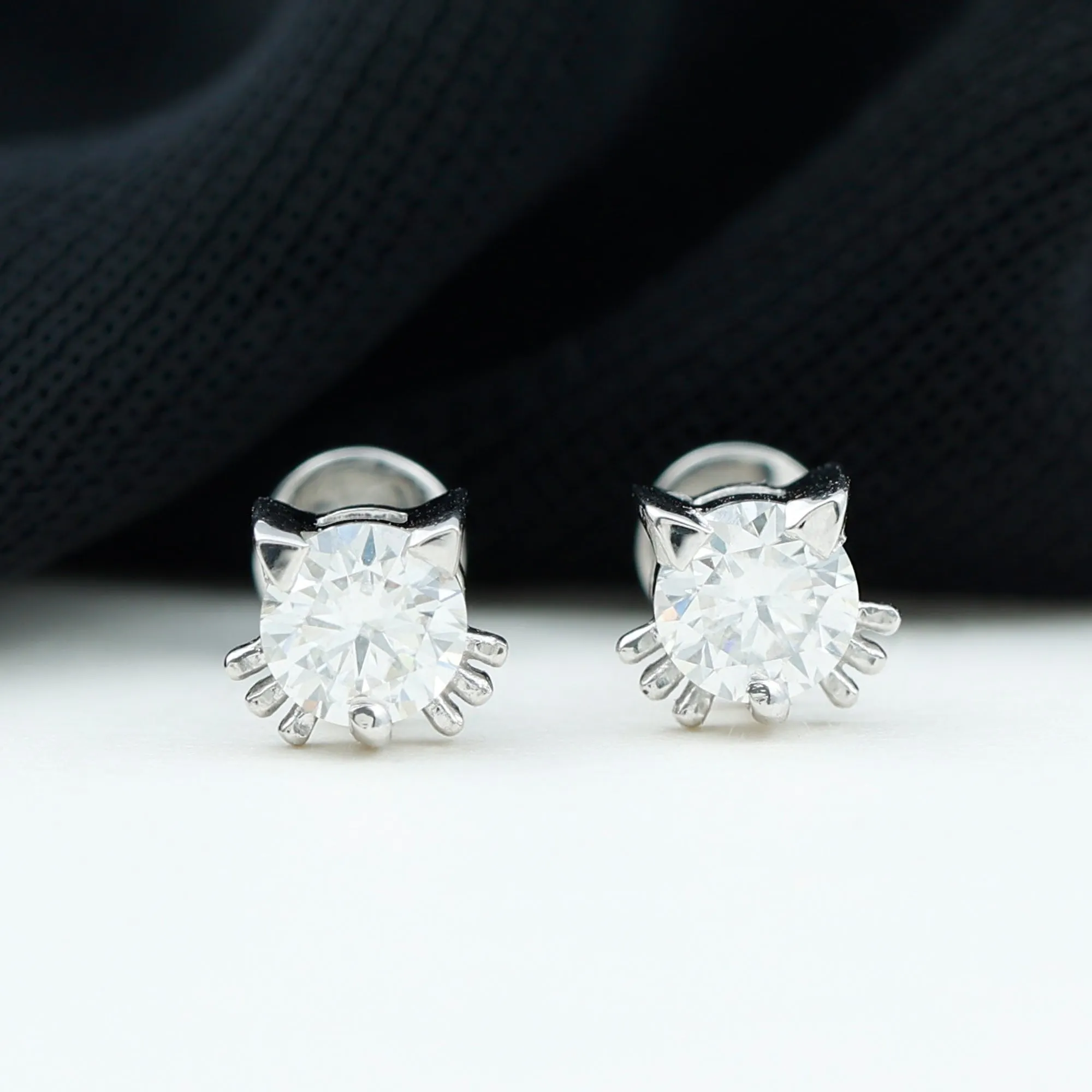 Cat Solitaire Stud Earrings with 4 MM Round Shape Moissanite in Prong Setting