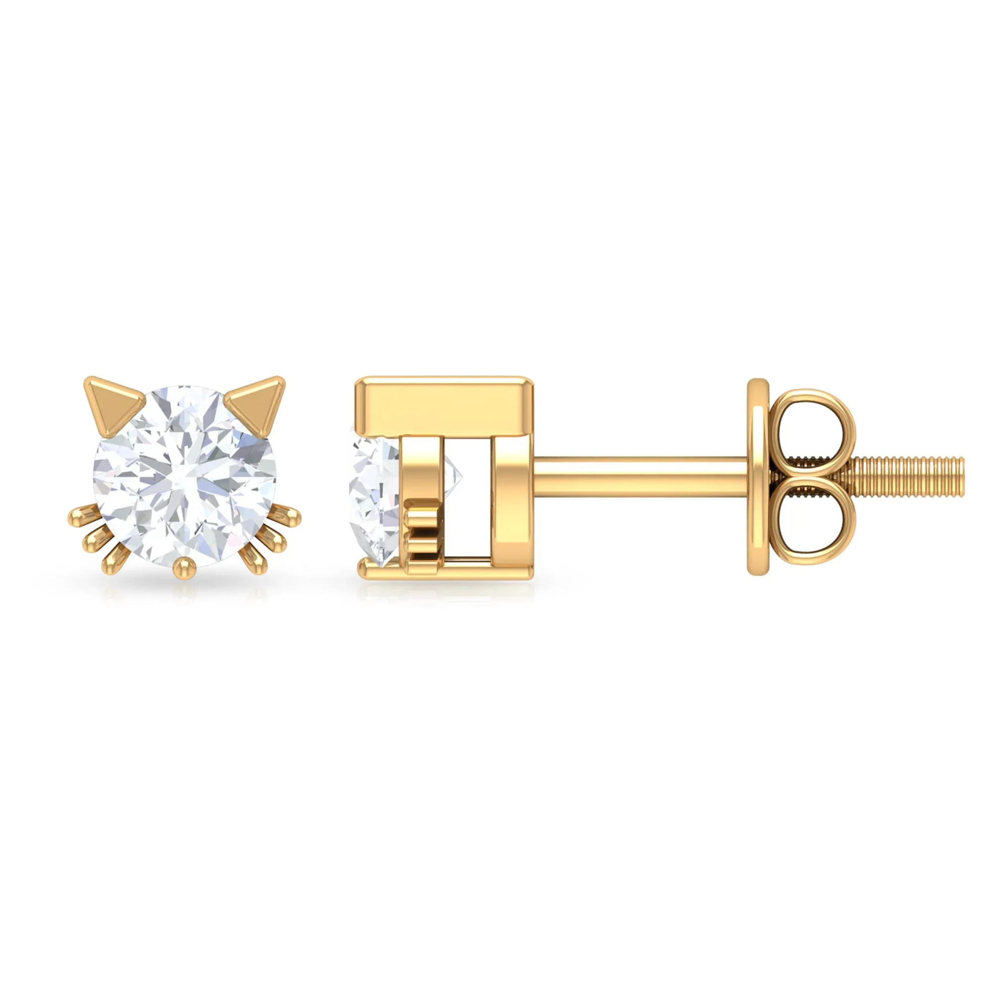 Cat Solitaire Stud Earrings with 4 MM Round Shape Moissanite in Prong Setting