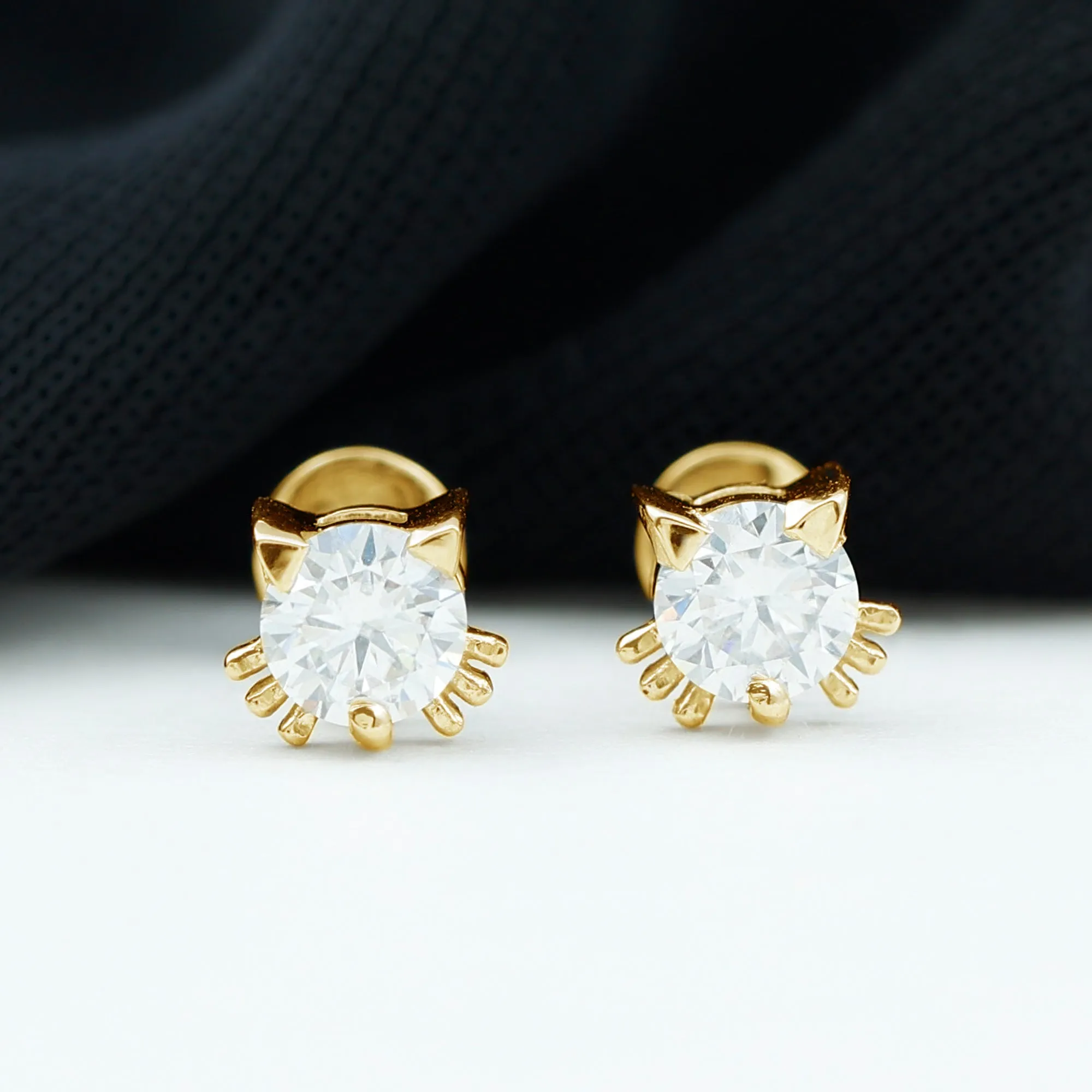 Cat Solitaire Stud Earrings with 4 MM Round Shape Moissanite in Prong Setting