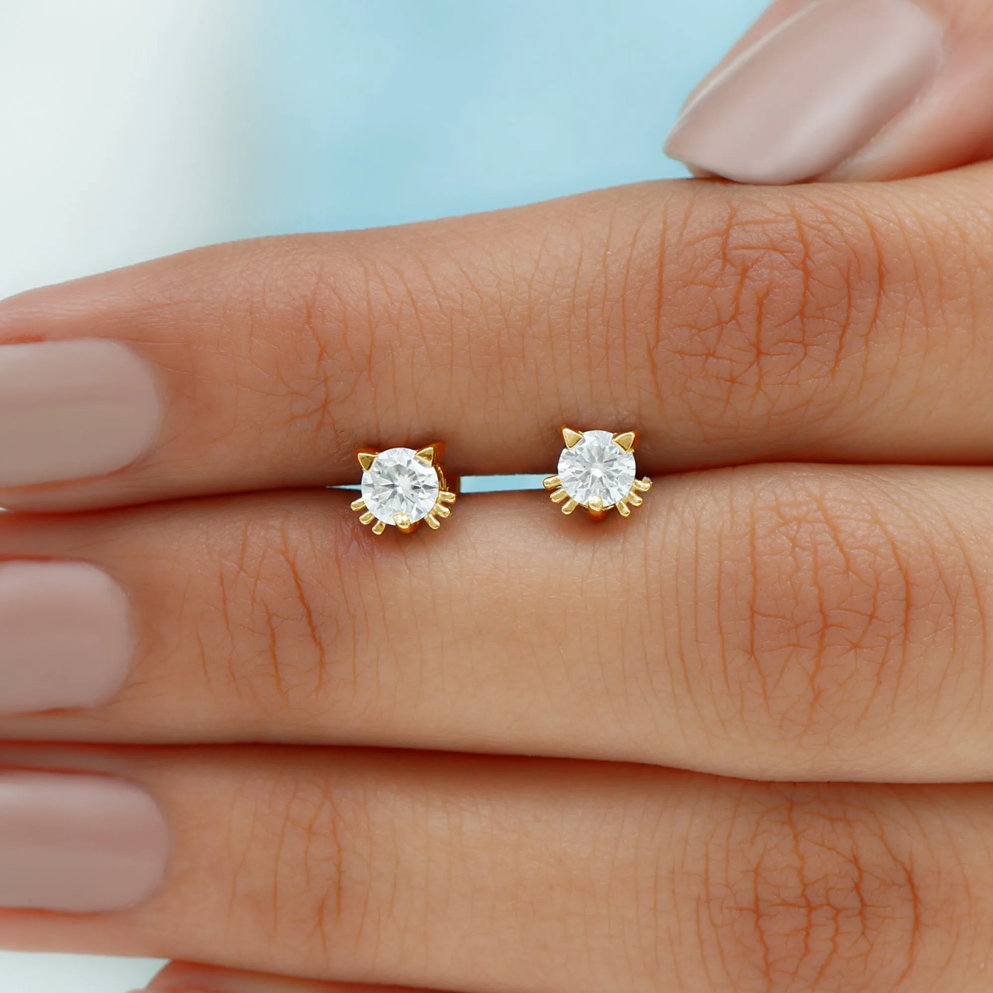 Cat Solitaire Stud Earrings with 4 MM Round Shape Moissanite in Prong Setting