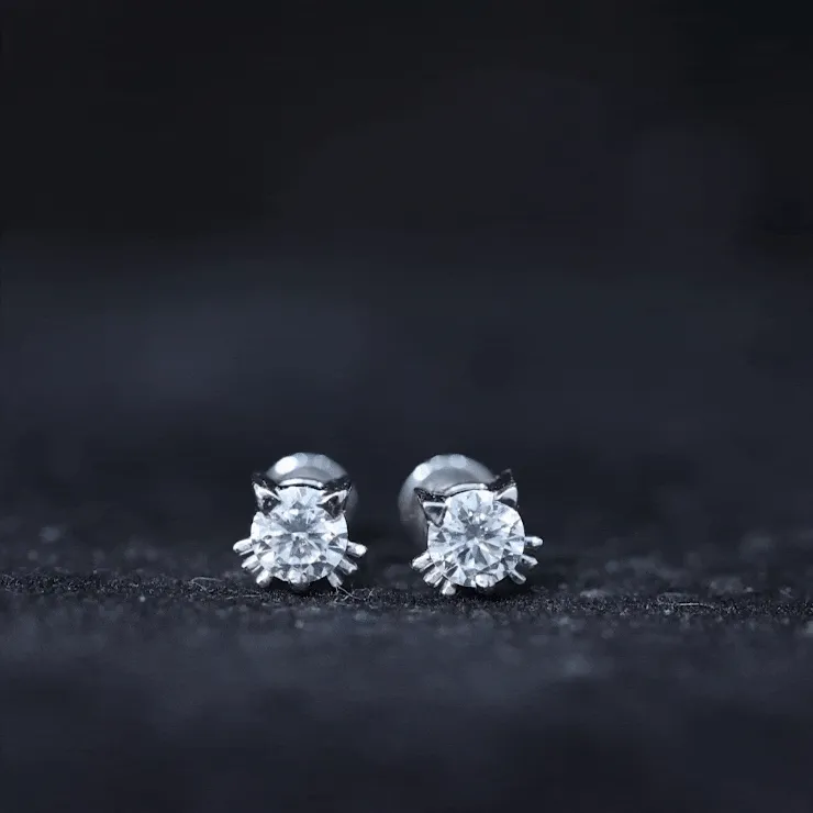Cat Solitaire Stud Earrings with 4 MM Round Shape Moissanite in Prong Setting