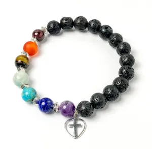 Chakra Gemstone & Lava Bead Bracelet with Sterling Silver Cross, Stretch