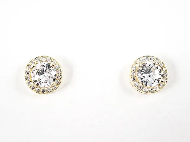 Classic Elegant Round Shape Halo Design Gold Tone Stud CZ Silver Earrings