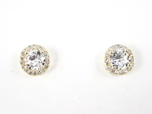 Classic Elegant Round Shape Halo Design Gold Tone Stud CZ Silver Earrings