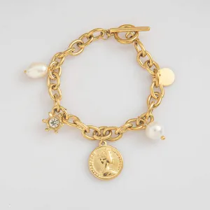 Coin Pearl Diamond charm bracelet