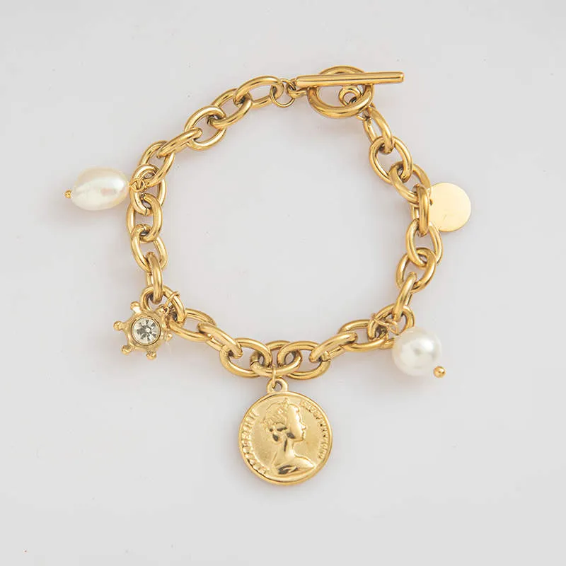Coin Pearl Diamond charm bracelet